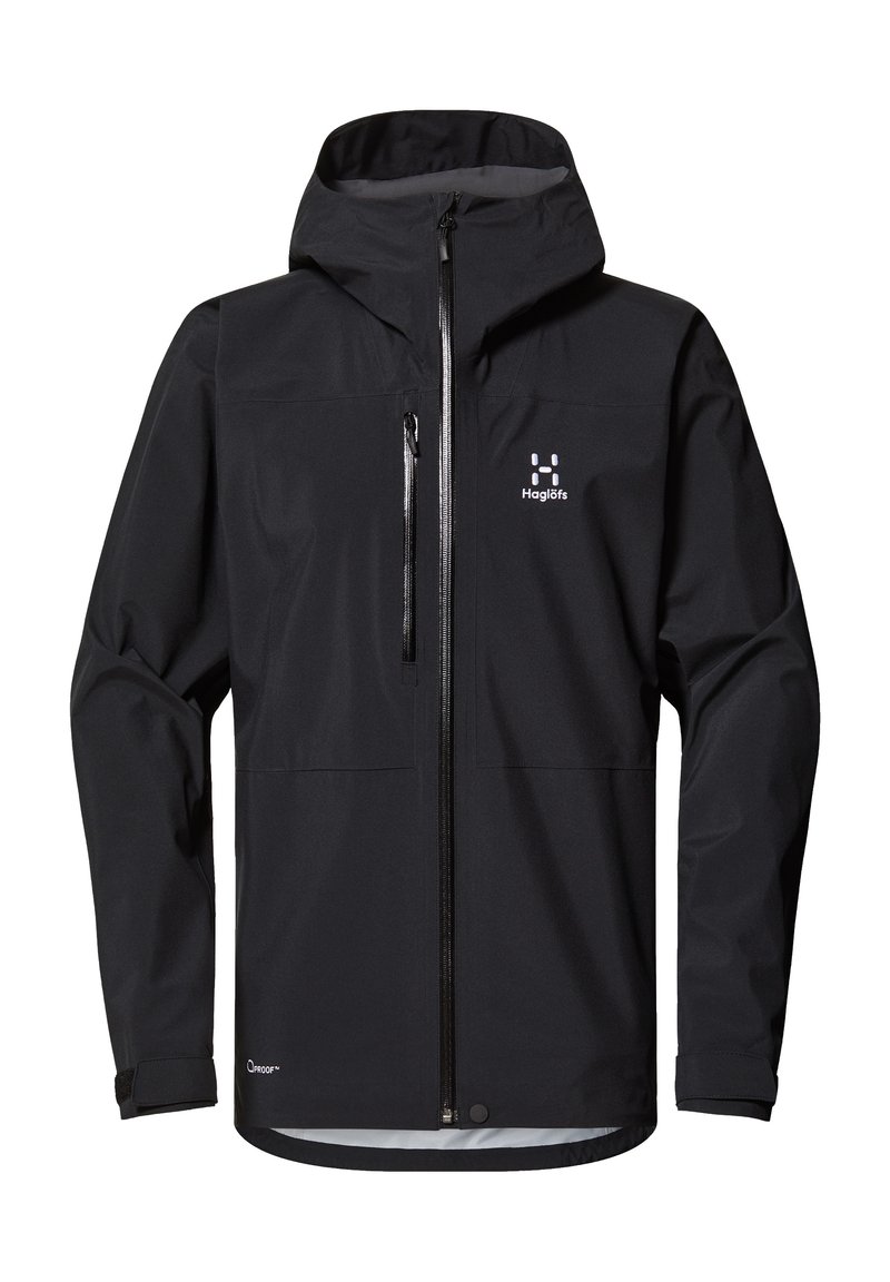 Veste noire imperméable avec fermeture éclair à l'avant, capuche ajustable et poignets élastiques. Comprend deux poches avant et un logo sur le côté supérieur gauche.