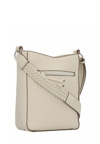 Borsa a tracolla in pelle crema con tracolla intrecciata, tasca frontale con zip e dettagli a cucitura a contrasto.