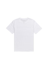 Camiseta blanca de manga corta, con cuello redondo, hecha de algodón, textura suave, sin logotipos ni patrones visibles en la parte posterior.