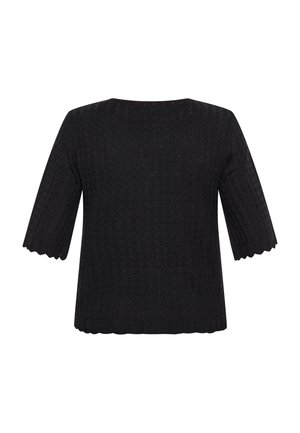 Melna adīta blūze ar teksturētu chevron rakstu, viļņotām piedurknēm un apakšmalu. Apaļa kakla izgriezuma forma un brīva piegrieztne komfortam.