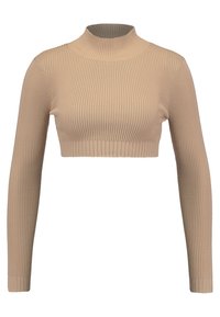 Crop top beige à manches longues côtelées avec un col roulé ajusté. Texture lisse avec des rayures verticales et une silhouette près du corps.