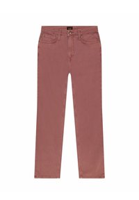 Jeans rectos de color óxido, hechos de algodón. Las características incluyen cinco bolsillos, herrajes metálicos y costuras en tonalidad.