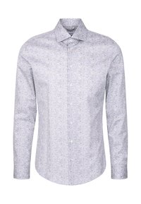 Camicia da uomo a maniche lunghe con colletto aperto e un sottile motivo floreale blu chiaro e bianco.