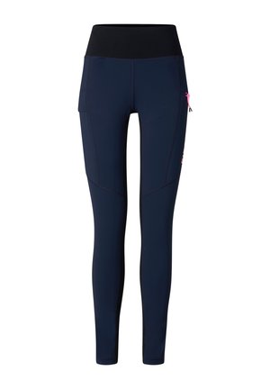 Granatowe legginsy na całej długości z wysokim czarnym pasem i różowym zamkiem błyskawicznym na prawej udzie, zaprojektowane do noszenia podczas aktywności sportowej.
