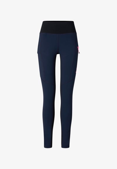 Mørkeblå leggings i fuld længde med høj sort taljebånd og pink lynlåslomme på højre lår, designet til atletisk brug.