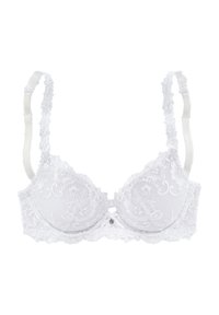 White lace bra with floral embroidery, molded cups, adjustable straps, and a decorative bow at the center, featuring a smooth finish.