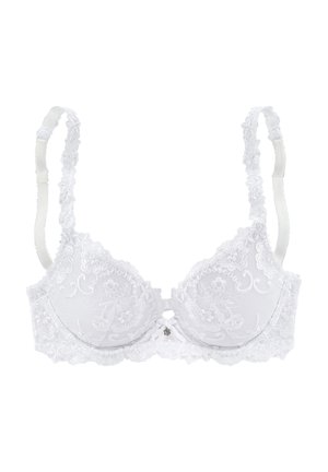 White lace bra with floral embroidery, molded cups, adjustable straps, and a decorative bow at the center, featuring a smooth finish.