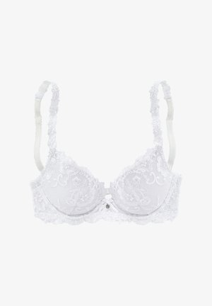White lace bra with floral embroidery, molded cups, adjustable straps, and a decorative bow at the center, featuring a smooth finish.