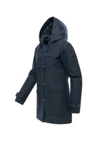 Mörkblå ullkappa med huva, låsning med knappar, två framfickor och knappdetaljer på ärmarna. Slät textur med en stilren design.