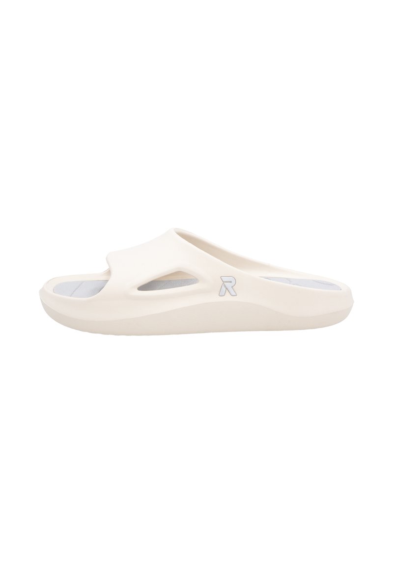 White slide sandal with an open toe, curved design, and cut-out details. Made of lightweight material featuring a gray insole and logo accent.