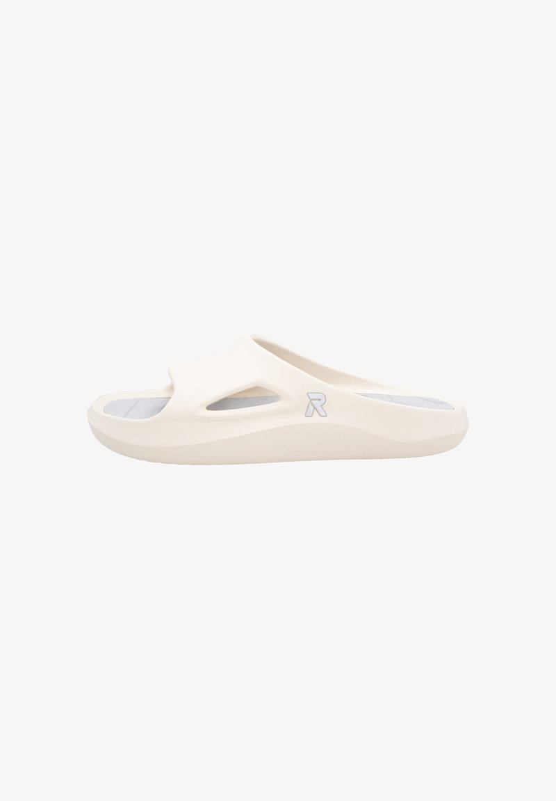 White slide sandal with an open toe, curved design, and cut-out details. Made of lightweight material featuring a gray insole and logo accent.