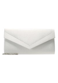 Bolso de mano de satén blanco con solapa triangular y cadena plateada parcialmente visible en la esquina inferior izquierda.