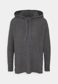 Dunkelgrauer gestrickter Hoodie mit langen Ärmeln und Kordelzügen, der über eine gerippte Textur und eine lockere Passform verfügt.