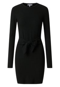 Abito lungo a maniche lunghe nero a coste con scollatura rotonda e dettaglio in vita con cintura, caratterizzato da una silhouette aderente e una texture liscia.