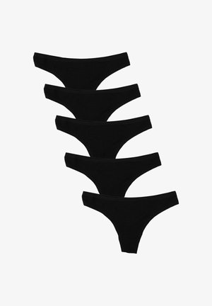 Set di perizoma in cotone nero, caratterizzato da una texture liscia, una cintura elasticizzata e un design minimalista. Cinque pezzi disposti in fila.