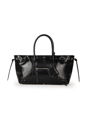 Sac cabas en cuir noir avec doubles anses, poche zippée à l'avant, cordons latéraux et petite pochette attachée sur fond blanc.