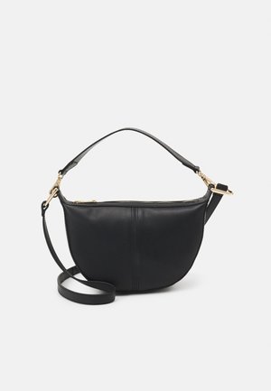 Black half-moon shaped leather handbag with top zipper, short handle, and adjustable long strap with gold-tone hardware accents.