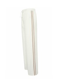 White elastic waist pants with drawstring and two vertical brown stripes running down the outer side of the leg.