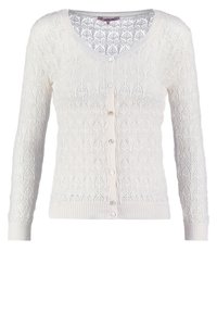Cardigan blanc en maille à manches longues avec col en V, motif en dentelle complexe, poignets et ourlet côtelés, fermeture à boutons sur le devant.