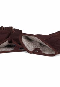 Hnědé kožené rukavice bez prstů s měkkou šedou vlněnou podšívkou, s detailním prošíváním a zaoblenými okraji.