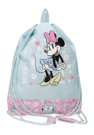 Bolsa de cuerda azul claro con fondo floral rosa, con Minnie Mouse con un lazo rosa y falda azul con lunares sobre un fondo floral.