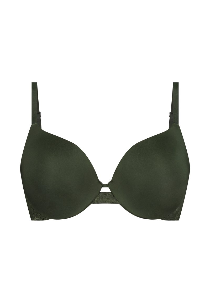 Beha in donkergroen met gladde, gevormde cups, verstelbare bandjes en een kantaccent aan de zijkanten voor extra detail.