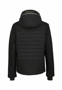 Giacca nera con cappuccio con zip, dotata di un pannello posteriore trapuntato e maniche con polsini. Il design include un branding discreto sul cappuccio.