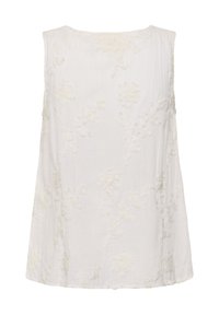 Haut blanc sans manches avec une broderie florale en relief subtile, col rond et coupe ample.
