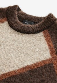 Brown, beige, and rust-colored knit sweater featuring a round neckline, soft texture, and geometric color blocks. Tag visible with "NEXT."