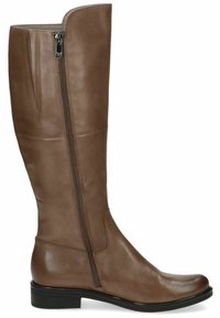 Bota marrón de cuero hasta la rodilla con punta redondeada, cremallera lateral y tacón plano negro. Textura suave con detalles de costura mínimos.