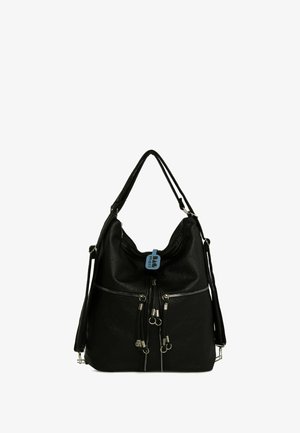 Zwarte leren schoudertas met een gestructureerde afwerking, met twee ritszakken aan de voorkant, dubbele handvatten bovenaan en een afneembare schouderband.