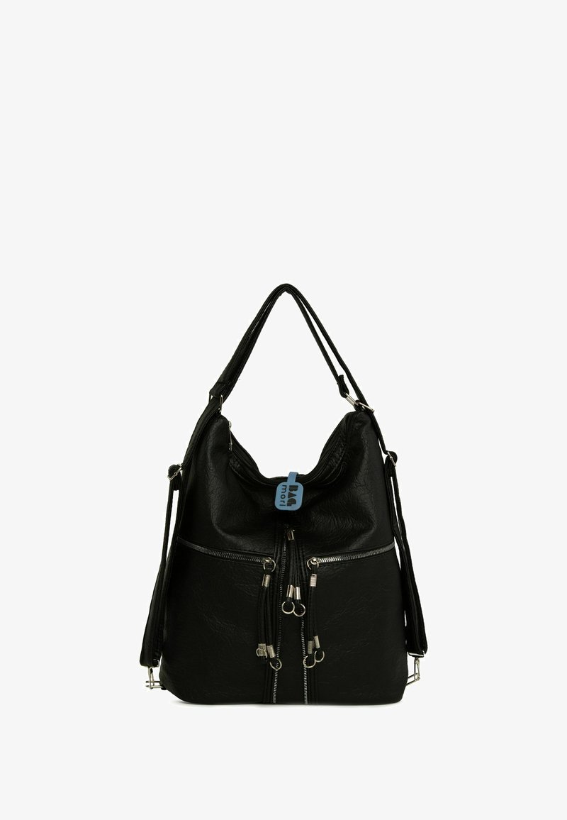 Zwarte leren schoudertas met een gestructureerde afwerking, met twee ritszakken aan de voorkant, dubbele handvatten bovenaan en een afneembare schouderband.