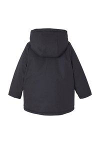 Schwarzer, kapuzengefütterter Wintermantel mit langen Ärmeln, von hinten auf einem weißen Hintergrund gezeigt.