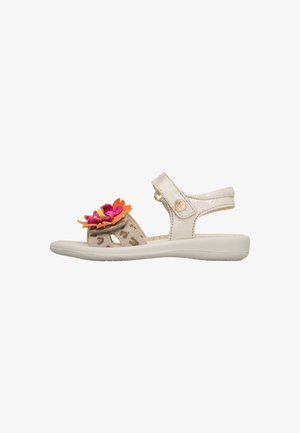 Sandalo beige per bambini con cinturino alla caviglia, fascia frontale con stampa leopardata e decorazione floreale multicolore rosa e arancione.