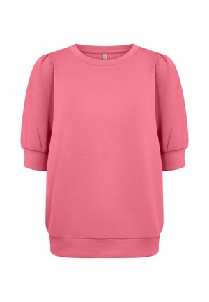 Pink short-sleeve sweatshirt with a round neckline, puffed sleeves, and a relaxed fit. Made from soft fabric with a smooth texture.