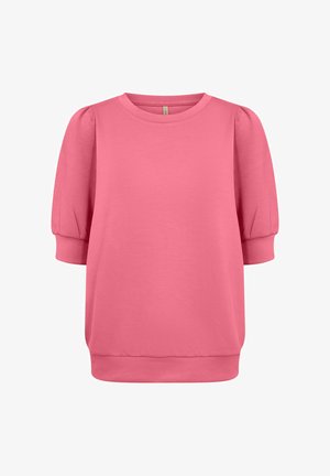 Roza kratka majica z okroglim izrezom, napihnjenimi rokavi in sproščenim krojem. Izdelana iz mehke tkanine z gladko teksturo.