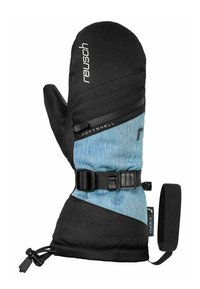 Schwarze Softshell-Handschuhe mit einem blauen Denim-ähnlichen Einsatz, der eine Reißverschlusstasche und einen verstellbaren Riemen mit Schnalle aufweist. Verstärkter Handgelenkbereich.