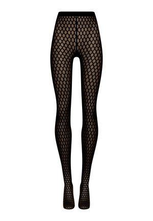 Collants en résille noir avec un motif en losanges, une taille élastique et une texture transparente conçus pour le confort et un bon ajustement.