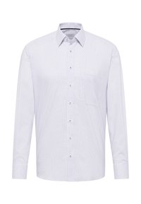 Camicia bianca a maniche lunghe con motivo a griglia, dotata di colletto button-down e piccola tasca frontale, realizzata in tessuto leggero.