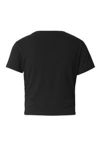 Μαύρο βαμβακερό t-shirt, με κοντά μανίκια, σχέδιο με στρογγυλή λαιμόκοψη, απαλή υφή, χωρίς ορατά λογότυπα ή σχέδια, μονόχρωμο σε όλο το μήκος.