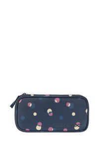 Navy pencil case with a zip closure, featuring colorful dot patterns in pink, yellow, and blue. Textured fabric and logo detail visible.