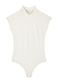 Body bianco con collo alto, maniche ad aletta, design senza cuciture e finitura liscia e testurizzata. Offre una silhouette aderente.