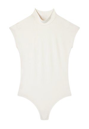 Body bianco con collo alto, maniche ad aletta, design senza cuciture e finitura liscia e testurizzata. Offre una silhouette aderente.