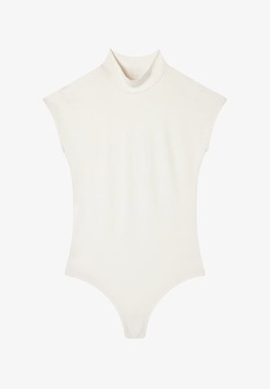 Biały body z wysokim dekoltem, rękawami w kształcie rękawa, bezszwowym designem i gładkim, teksturowanym wykończeniem. Oferuje dopasowaną sylwetkę.