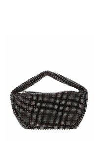 Schwarze Perlentäsche mit abgerundetem dreieckigem Design, ausgestattet mit einem strukturierten Griff und einem Reißverschluss. Die Textur ist glatt mit glänzenden Perlen.