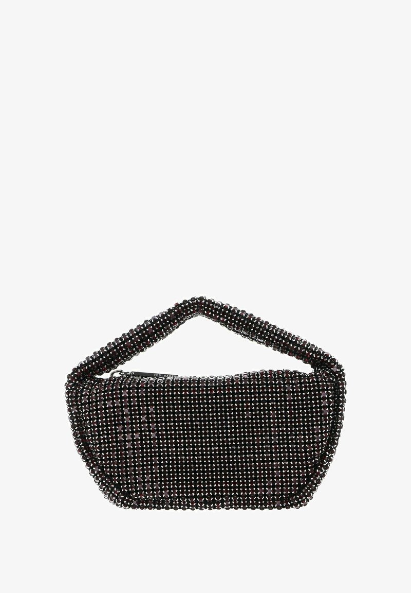 Schwarze Perlentäsche mit abgerundetem dreieckigem Design, ausgestattet mit einem strukturierten Griff und einem Reißverschluss. Die Textur ist glatt mit glänzenden Perlen.