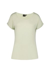 Camiseta de manga corta verde claro con escote redondo, corte relajado y detalles de puños enrollados. Fabricada en una suave tela texturizada.