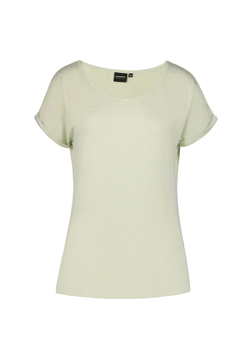 Camiseta de manga corta verde claro con escote redondo, corte relajado y detalles de puños enrollados. Fabricada en una suave tela texturizada.