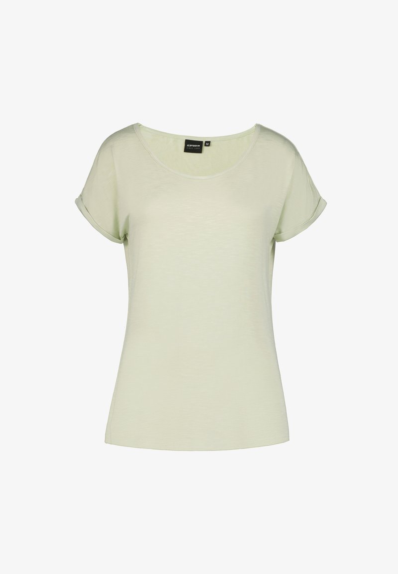 Camiseta de manga corta verde claro con escote redondo, corte relajado y detalles de puños enrollados. Fabricada en una suave tela texturizada.