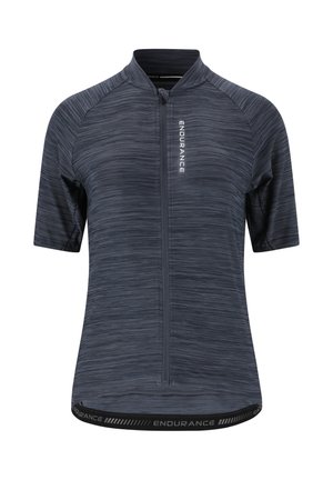 Short-sleeve cycling jersey in dark navy with a subtle striped pattern. Features a front zipper, stand-up collar, and branded hem.